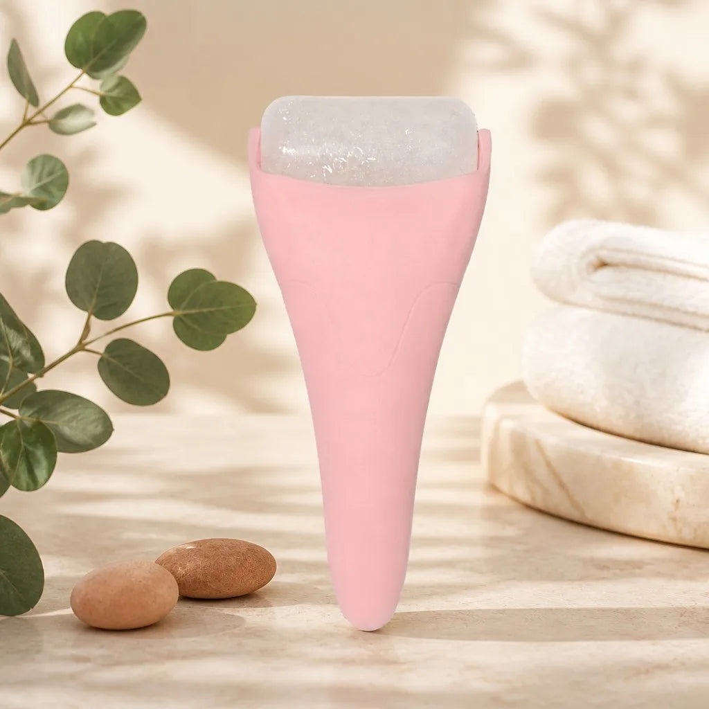Pink ice roller in a relaxing spa scene with eucalyptus
