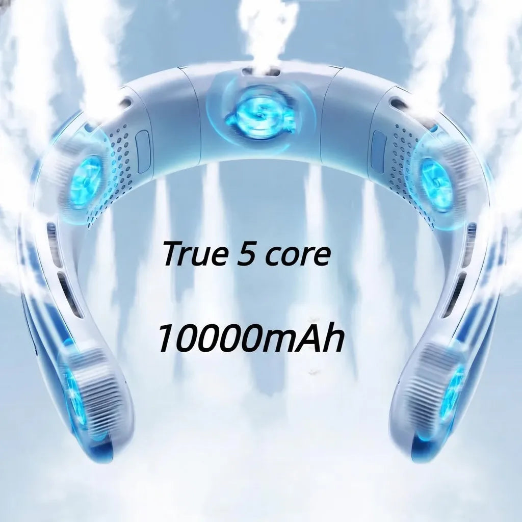 Hands-free bladeless neck fan with 10000mAh battery, five fan cores