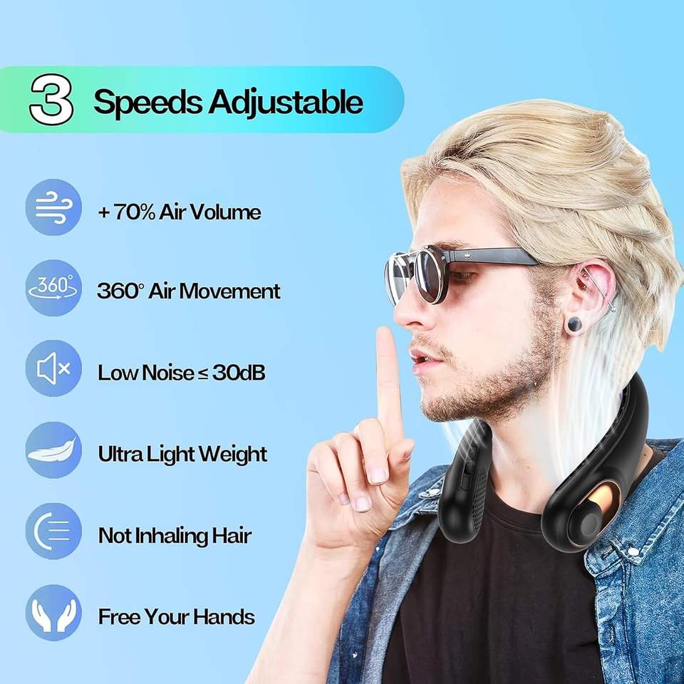 Bladeless neck fan features - 3 speeds and low noise