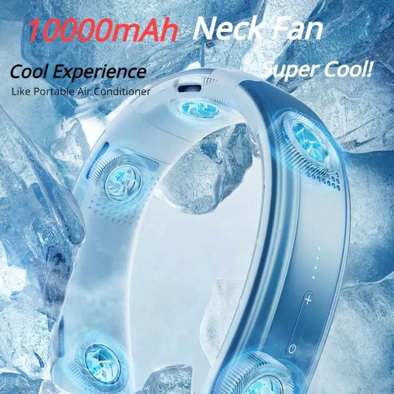 Light blue 10000mAh neck fan on ice background